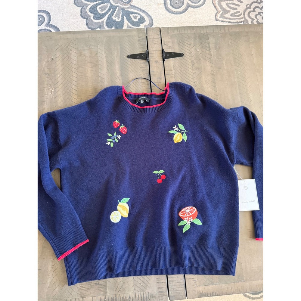 Calligraphie Navy Blue Fruit Embroidered Sweater Red Trim XL New With Tags